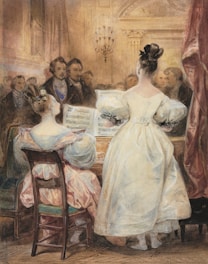 A group of people gathered in an elegant room with classical decor. Two women in period dresses are positioned at the center, one seated at a piano with sheet music in front of her, and the other standing nearby. The audience, composed mainly of men in formal attire, is closely observing them. The room is adorned with a chandelier and intricate architectural details.