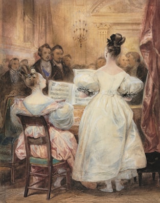 A group of people gathered in an elegant room with classical decor. Two women in period dresses are positioned at the center, one seated at a piano with sheet music in front of her, and the other standing nearby. The audience, composed mainly of men in formal attire, is closely observing them. The room is adorned with a chandelier and intricate architectural details.