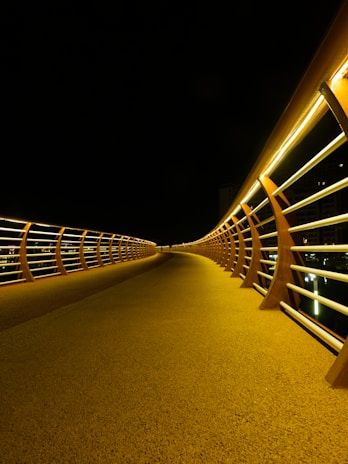 An urban infrastructure project showing a wide pedestrian bridge with integrated lighting and sustainable materials.