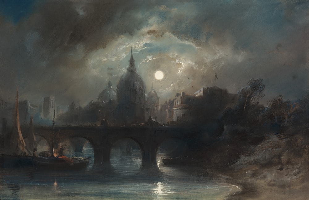 a painting of a city by a river