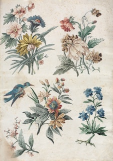 Close-up of hand-painted illustrations of flowers and birds from one of our books.