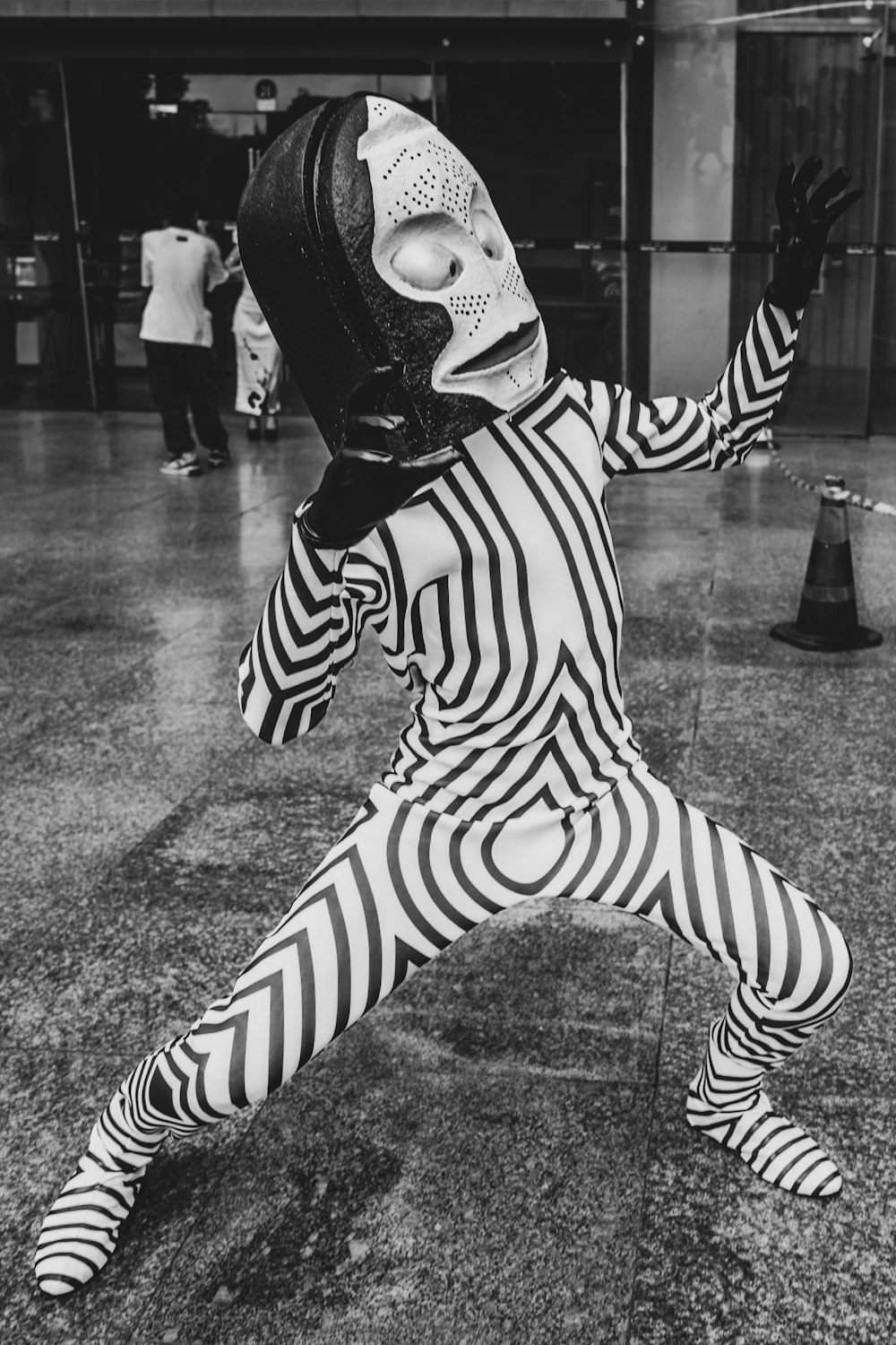 a person in a zebra suit and a helmet