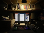 A dimly lit desk setup featuring a computer monitor displaying documents. The desk is organized with bottles, a keyboard with illuminated keys, and various stationery. Above the desk is a shelf filled with books and small decorative items.
