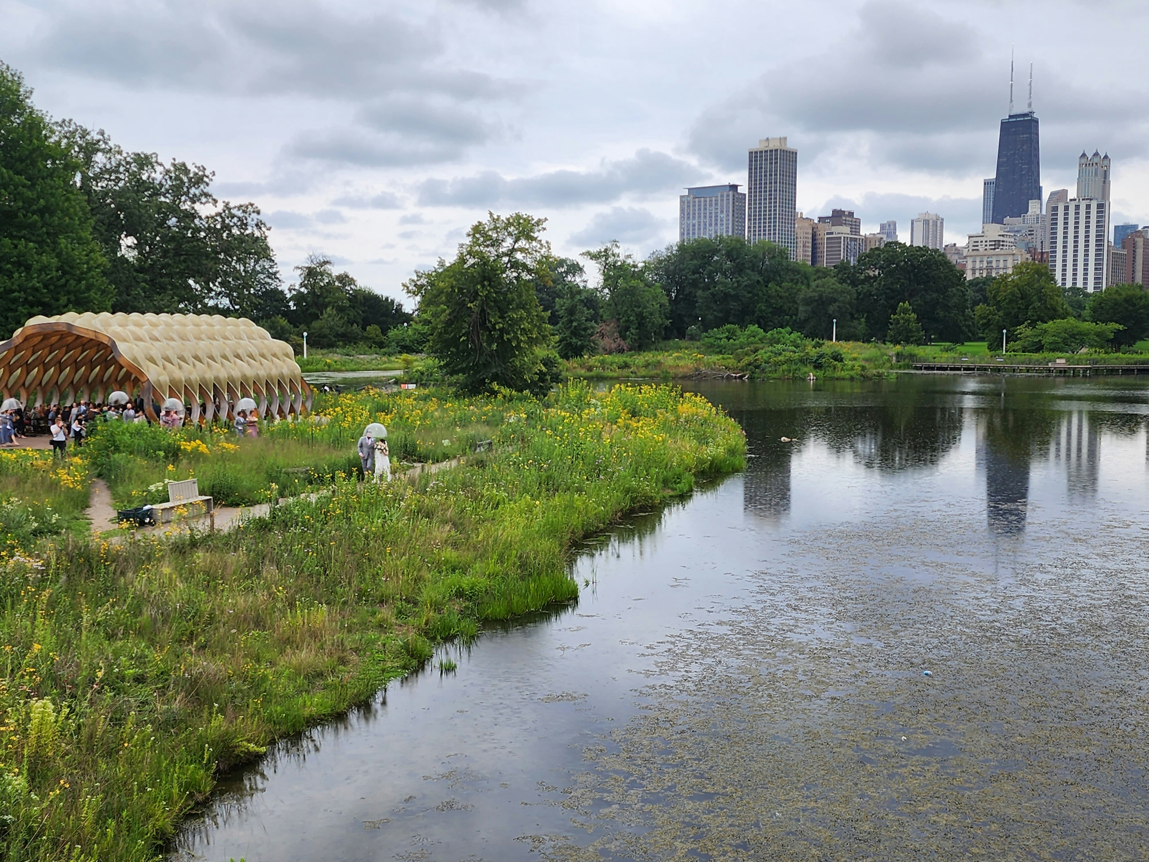 a large body of water next to a lush green park