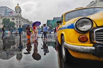 a group of people with umbrellas walking in the rain