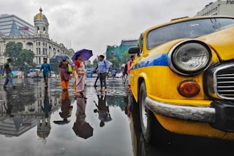 a group of people with umbrellas walking in the rain