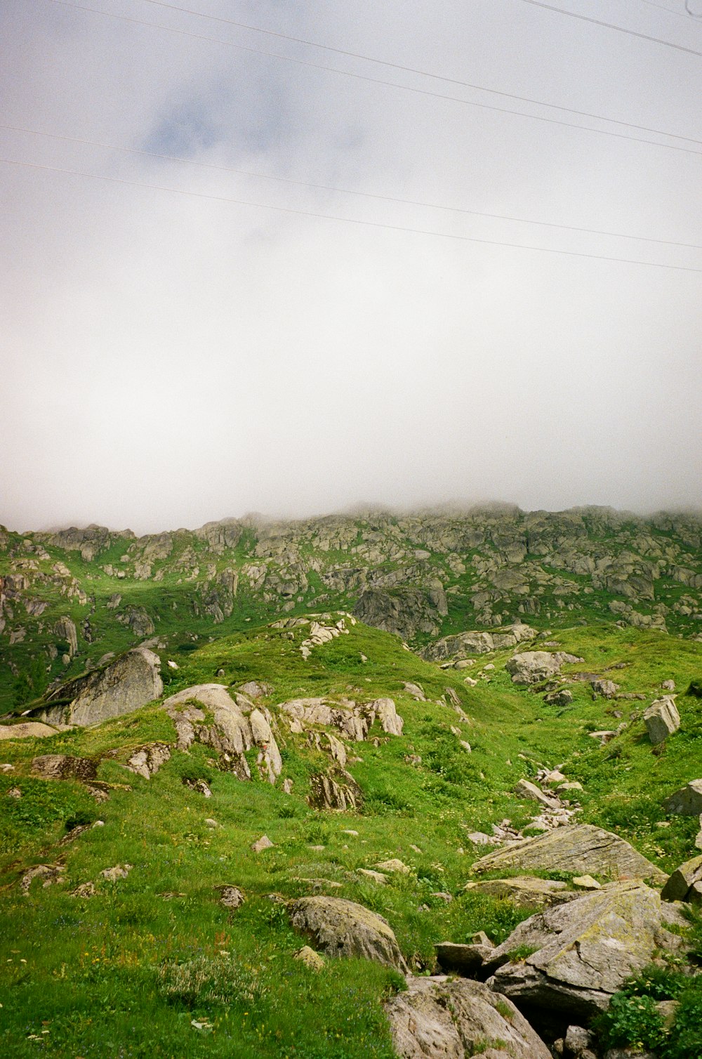 a grassy field with rocks and a telephone pole in the distance