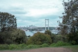 A large suspension bridge spans over a wide body of water, connecting two sections of a city. The foreground features lush greenery and trees, while the background shows a distant cityscape with modern skyscrapers under a cloudy sky.