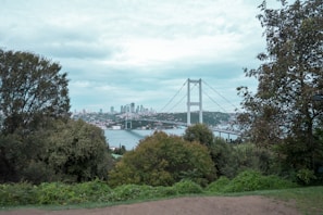 A large suspension bridge spans over a wide body of water, connecting two sections of a city. The foreground features lush greenery and trees, while the background shows a distant cityscape with modern skyscrapers under a cloudy sky.