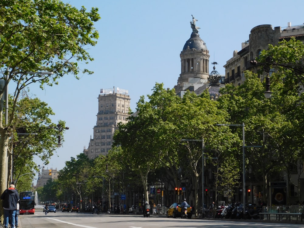 a city street lined with tall buildings and trees