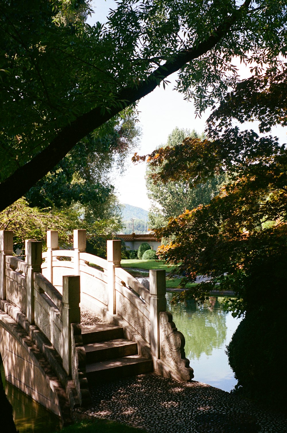 a wooden bridge over a small pond in a park