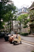 An outdoor scene featuring scooters parked in a park.