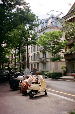 An outdoor scene featuring scooters parked in a park.