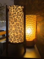 Two decorative lamps are placed side by side on a dark surface. The lamp on the left has a cylindrical shade with a leopard print design, standing on a wooden frame. To the right, another lamp with a bubble-textured shade emits a warm, yellowish light. Shadows and patterns are softly cast on the background wall.