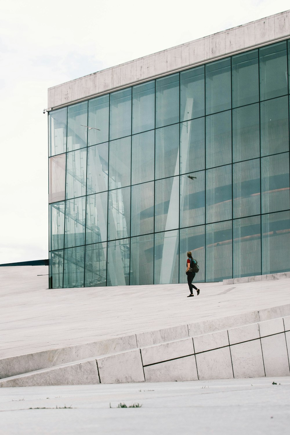 a woman is walking down the steps in front of a building