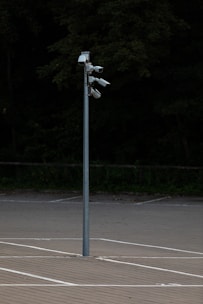 PTZ (pan-tilt-zoom) CCTV camera mounted on a tall pole in a parking lot.