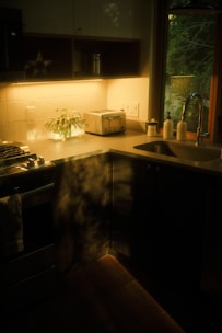 A sparkling kitchen countertop and sink area, freshly sanitized and gleaming under warm lighting.