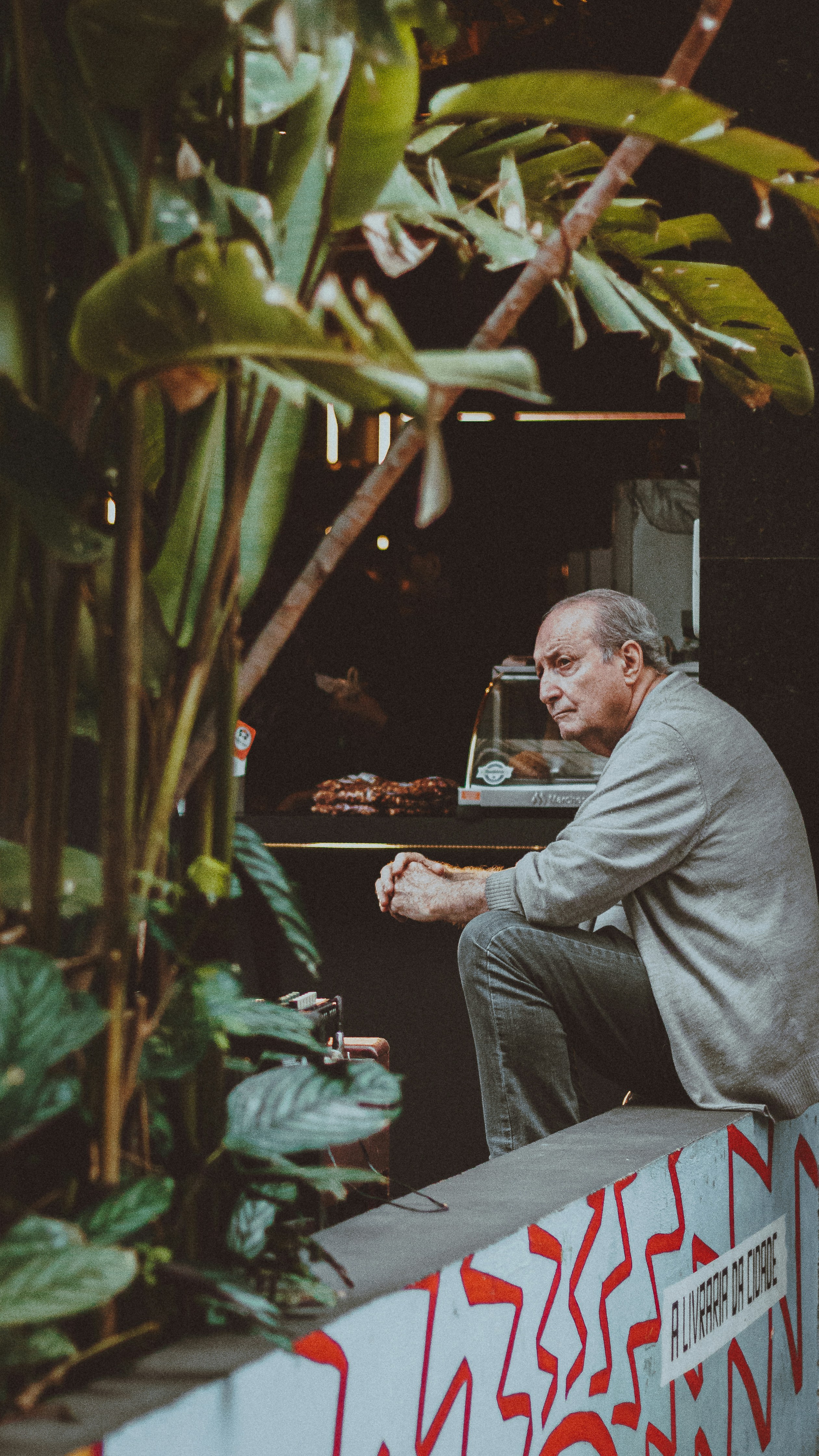um homem sentado em uma saliência em frente a um vaso de planta