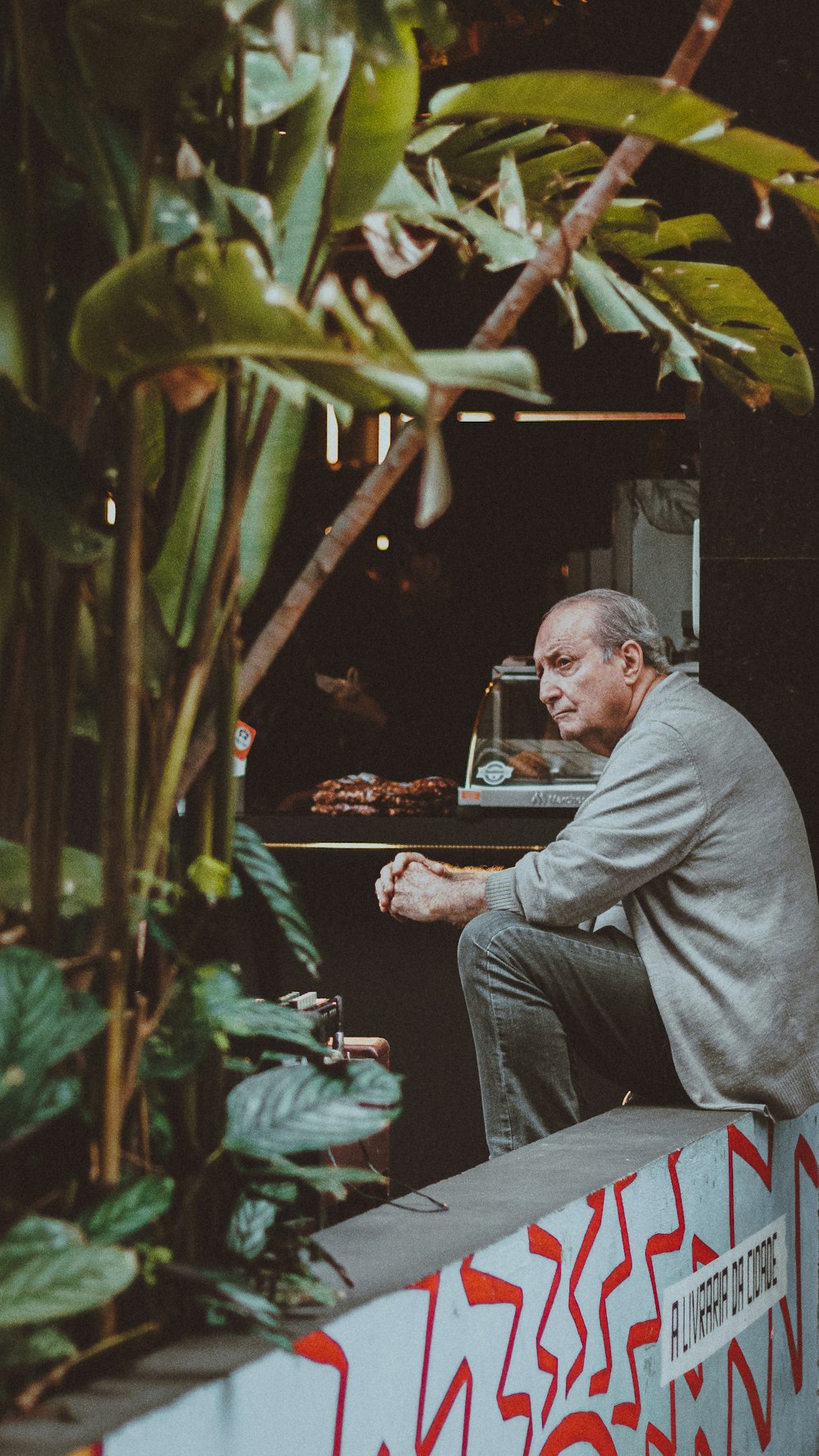 a man sitting on a ledge in front of a potted plant