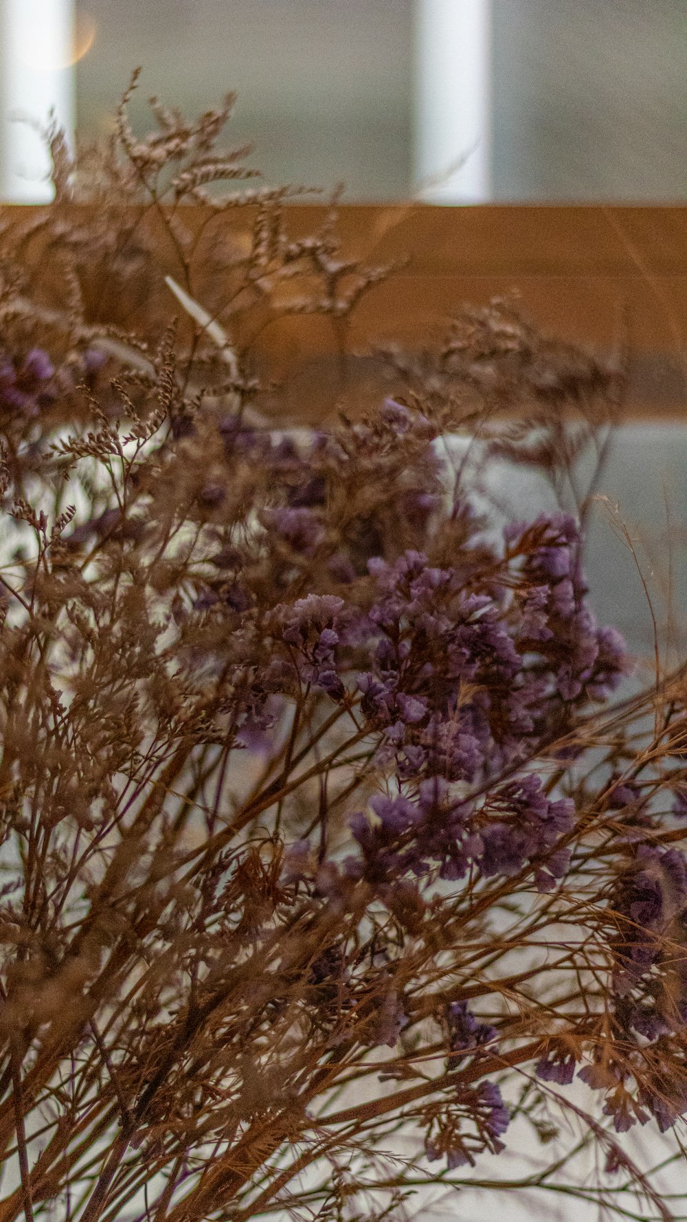 a vase filled with purple flowers next to a window