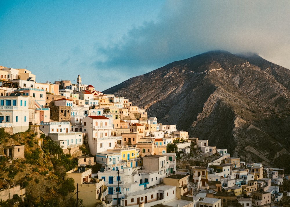 a view of a city with a mountain in the background