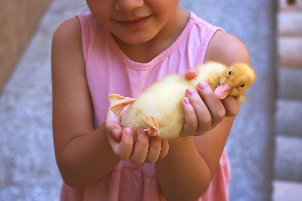 a little girl holding a small yellow duck
