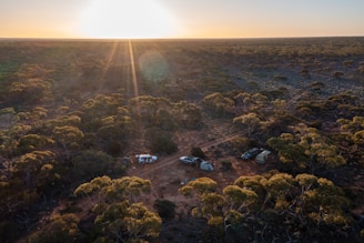 Sunset view over a quiet forest camping site.