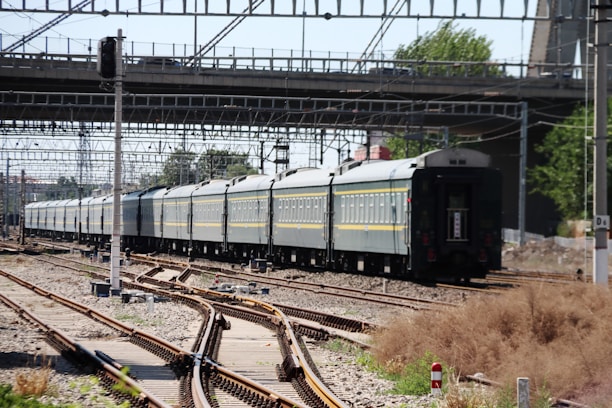 A long passenger train travels on a network of railway tracks. Overhead power lines and metal structures are visible, indicating an electrified railway system. The area is surrounded by greenery and infrastructure, including a bridge above the tracks.