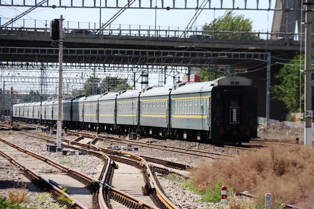 a train traveling down train tracks under a bridge