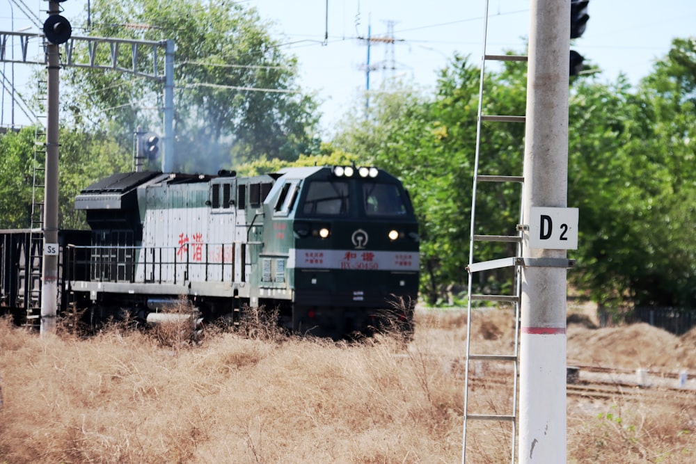 a train traveling down train tracks next to tall grass