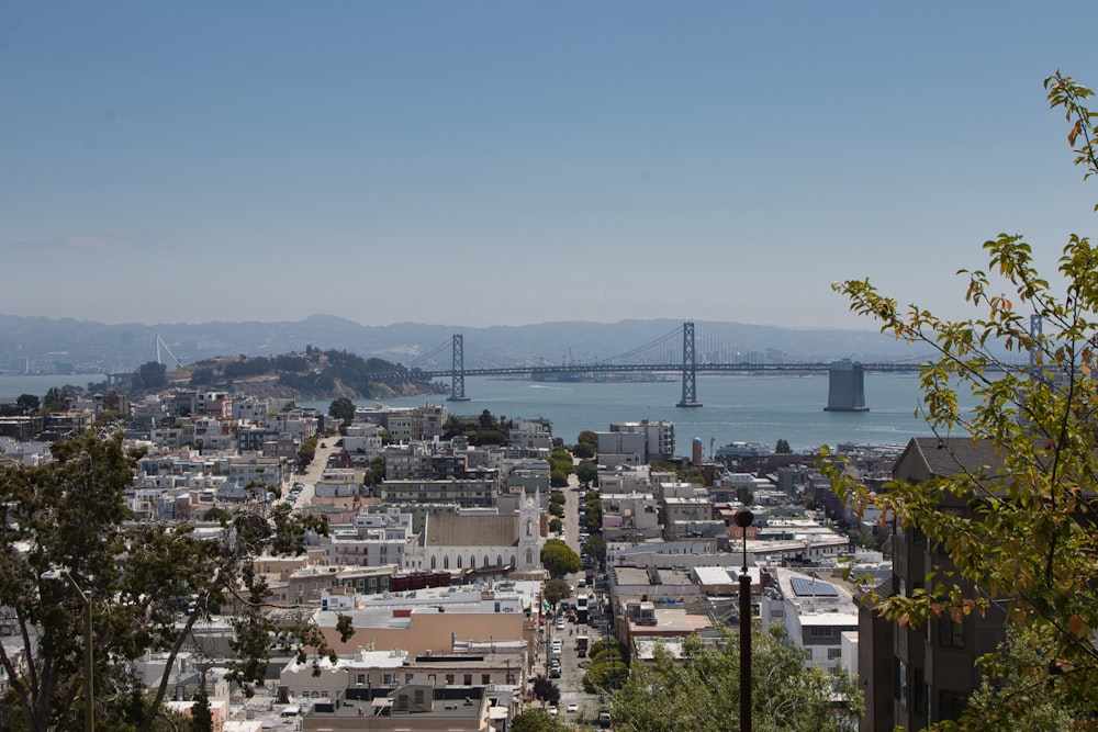 a view of a city with a bridge in the background