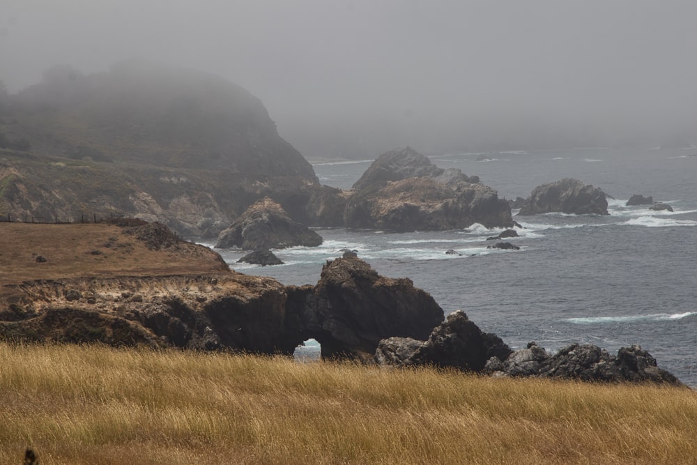 a large body of water near a rocky shore