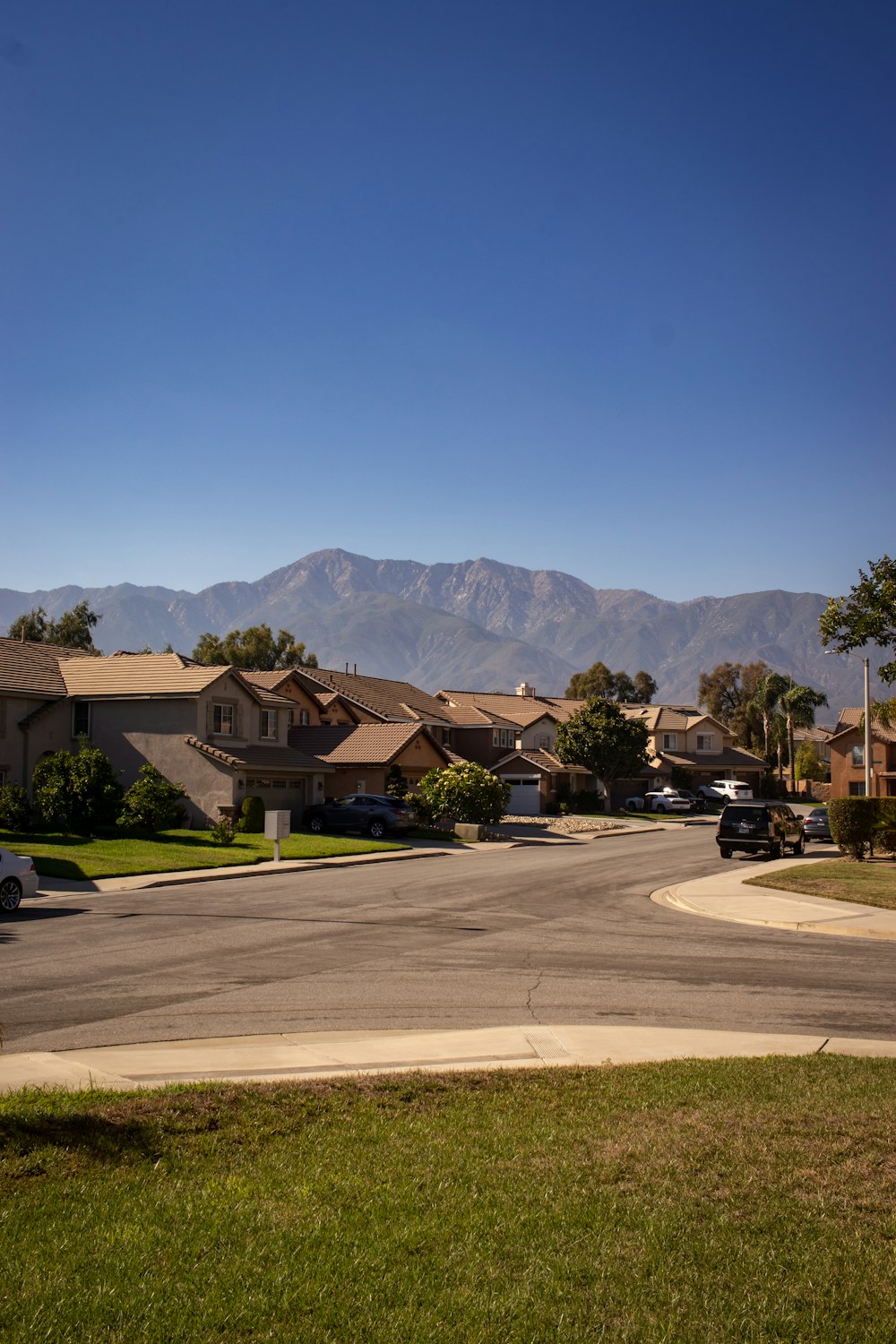 a street with houses and mountains in the background