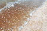 Waves gently wash over a sandy beach, creating a frothy, white foam along the shoreline. The wet sand appears darker, contrasting with the lighter dry sand further up the beach.