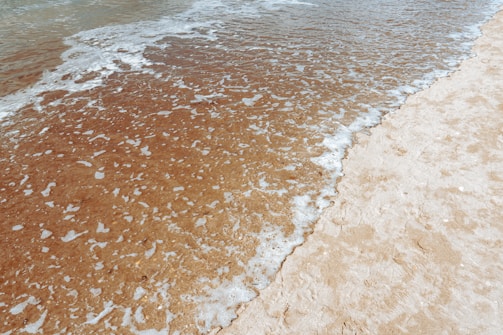 Waves gently wash over a sandy beach, creating a frothy, white foam along the shoreline. The wet sand appears darker, contrasting with the lighter dry sand further up the beach.