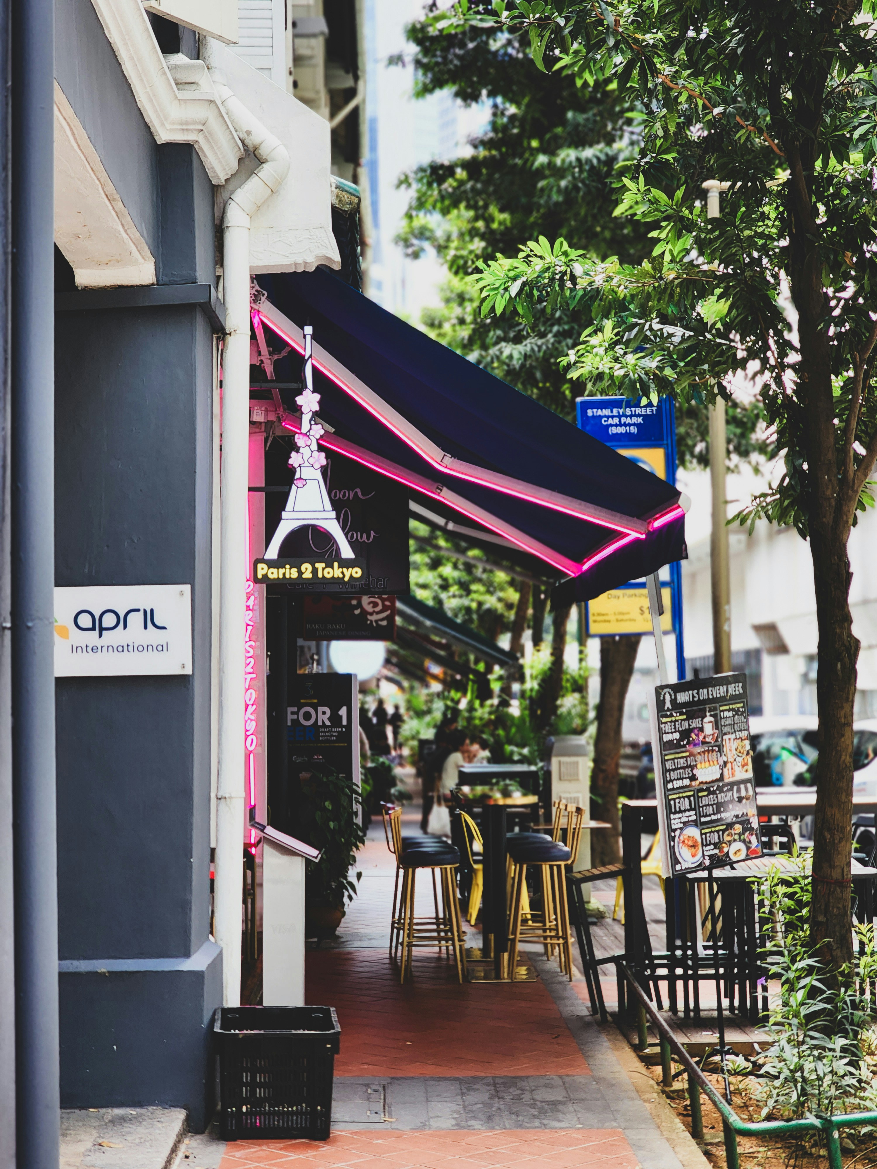 a sidewalk lined with tables and chairs next to a tree