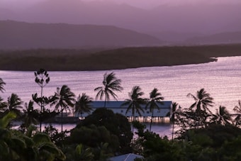 A tropical landscape showcasing a serene body of water with gentle waves glistening under soft lighting. Coconut palm trees sway along the coastline, with a stilt house sitting above the water. The background reveals misty hills under a pastel-colored sky, creating a peaceful and idyllic scenery.