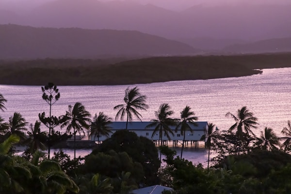 A tropical landscape showcasing a serene body of water with gentle waves glistening under soft lighting. Coconut palm trees sway along the coastline, with a stilt house sitting above the water. The background reveals misty hills under a pastel-colored sky, creating a peaceful and idyllic scenery.