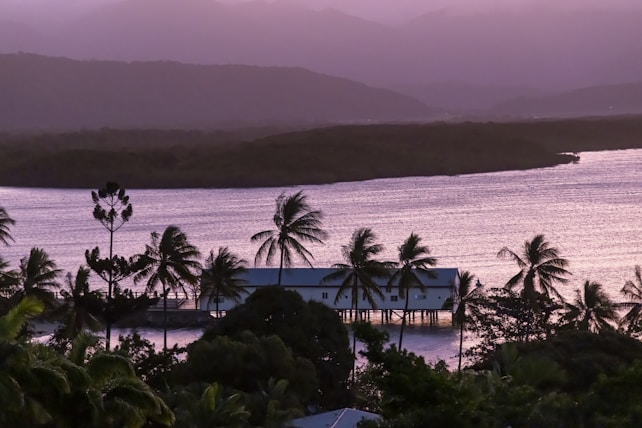 A tropical landscape showcasing a serene body of water with gentle waves glistening under soft lighting. Coconut palm trees sway along the coastline, with a stilt house sitting above the water. The background reveals misty hills under a pastel-colored sky, creating a peaceful and idyllic scenery.