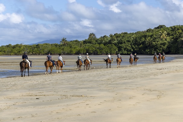 Group of happy tourists mounting horses on the tropical beach.