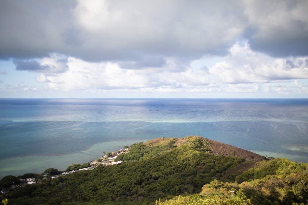 a view of the ocean from the top of a hill