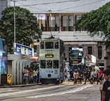 A busy urban transportation hub with buses and trams in motion.