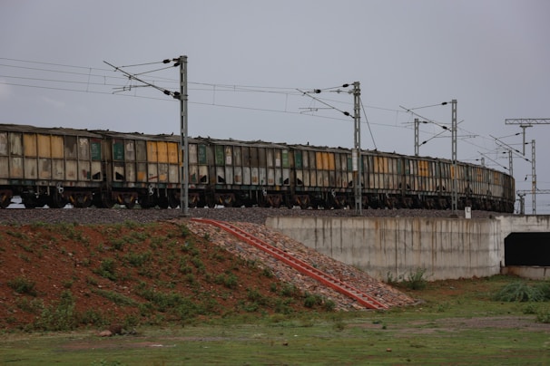 A long freight train is seen running on a track elevated over a concrete structure. The carriages of the train are cargo containers with visible signs of wear such as rust and dirt. The train is supported by electrical poles and wires running parallel to it. The surrounding area features a mix of grass, vegetation, and exposed soil. There is a small, stepped embankment leading up to the track, indicated by a red and white stripe.