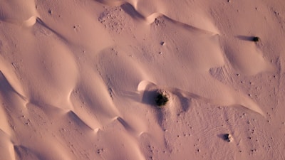 An aerial photo of a desert landscape with visible sand dunes and sparse vegetation.
