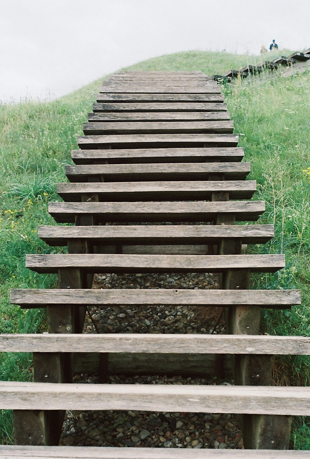 a set of wooden steps going up a hill