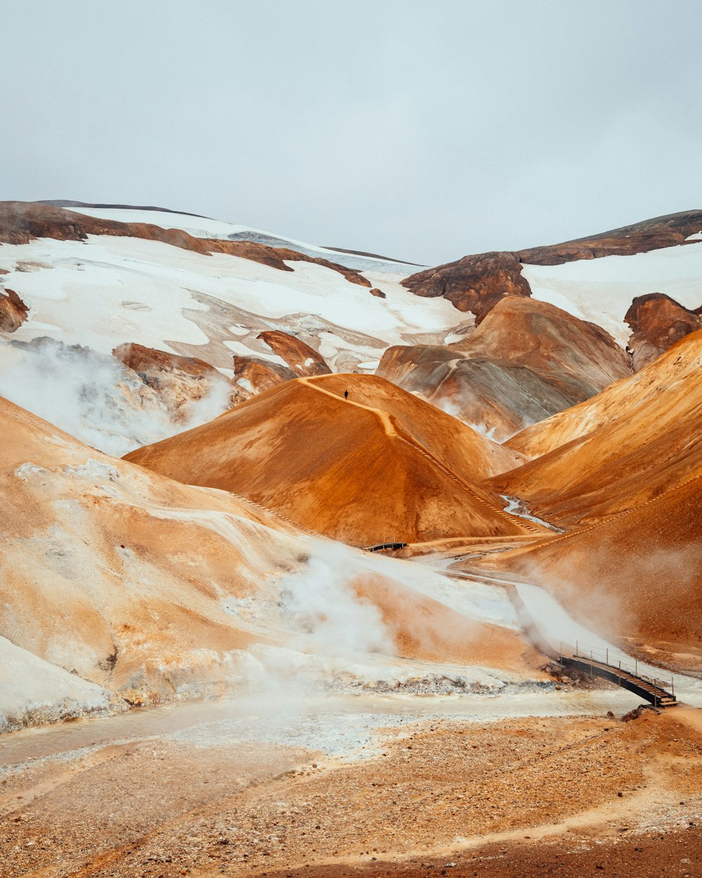 a view of a mountain range with steam coming out of it