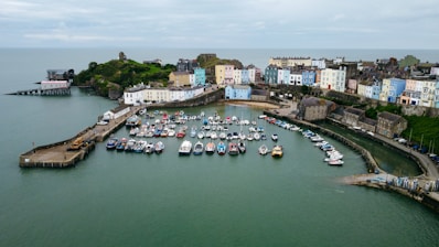 a group of boats are docked in a harbor