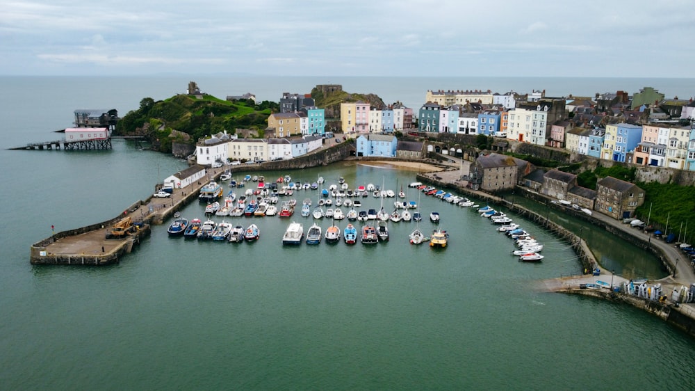 a group of boats are docked in a harbor