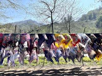 A variety of colorful scarves are hanging on a line outdoors, with intricate floral patterns and fringes. In the background, there is a lush, green landscape with trees and hills under a clear blue sky.