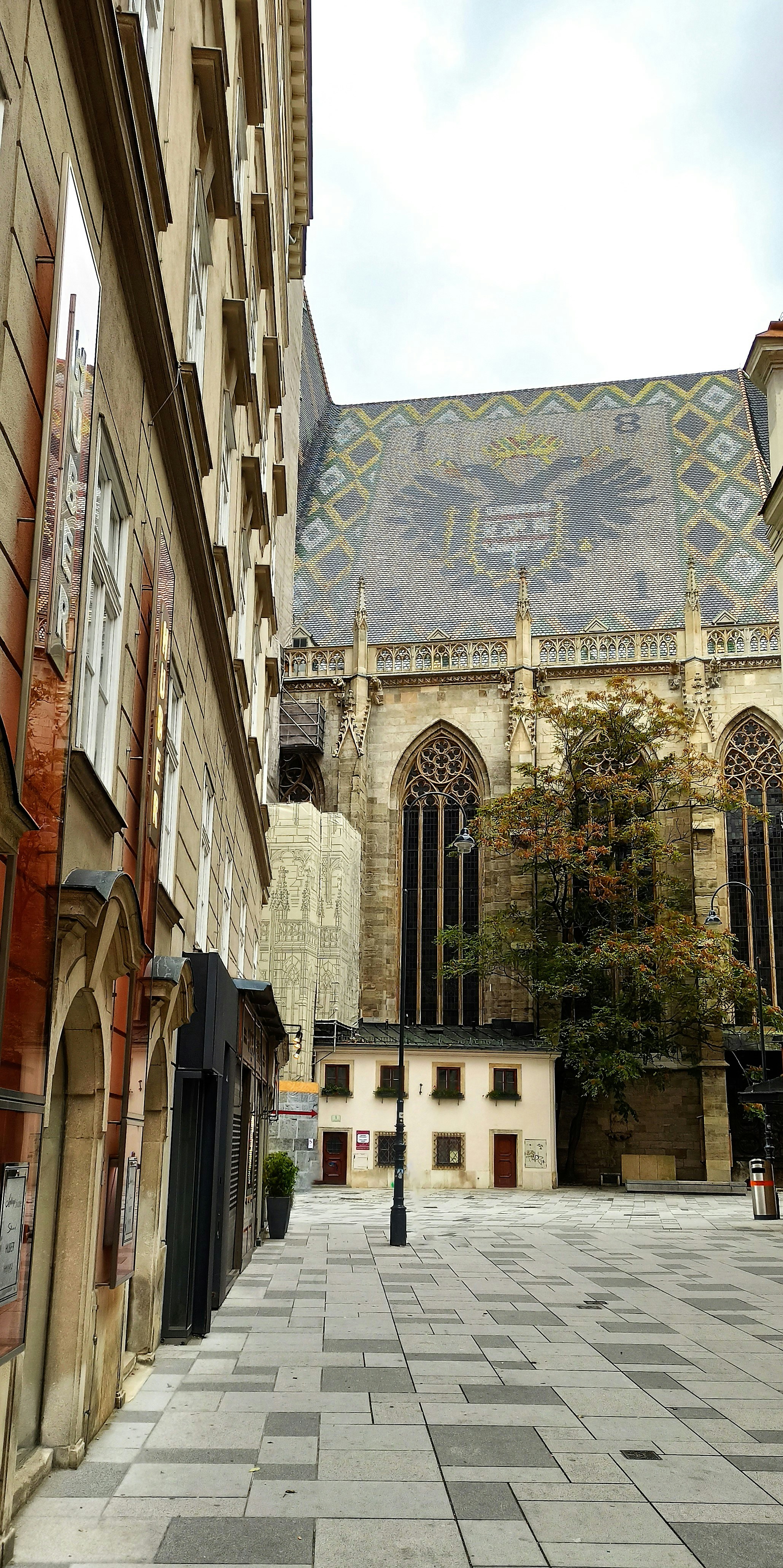 a city street with a tall building in the background